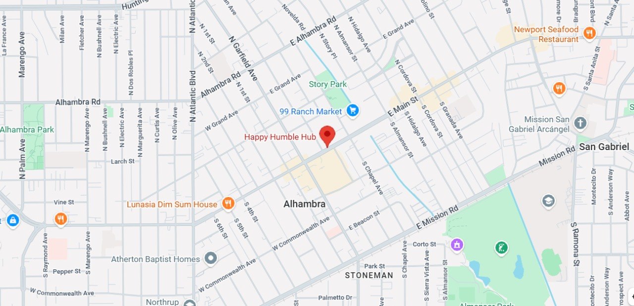 Map showing the Happy Humble Hub location in Alhambra