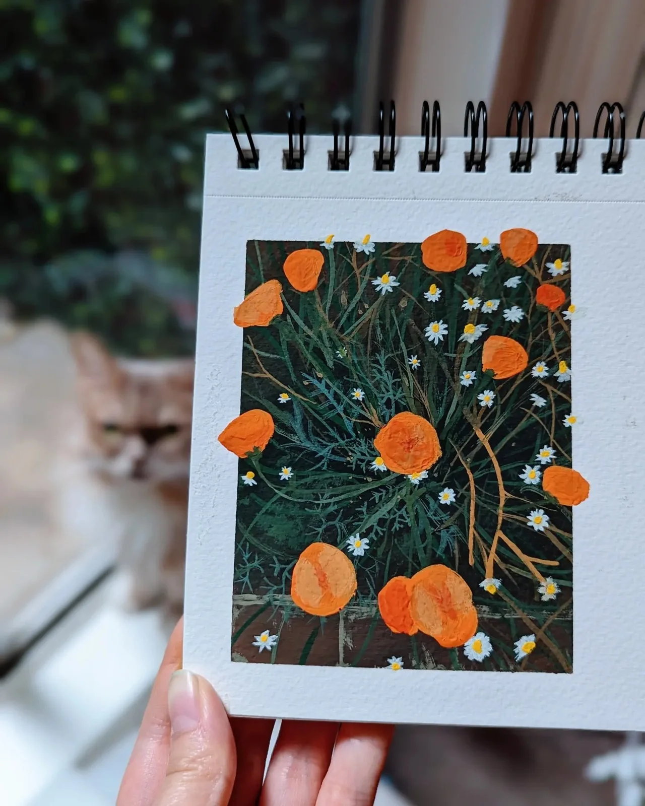 Orange poppy painting in a spiral-bound sketchbook