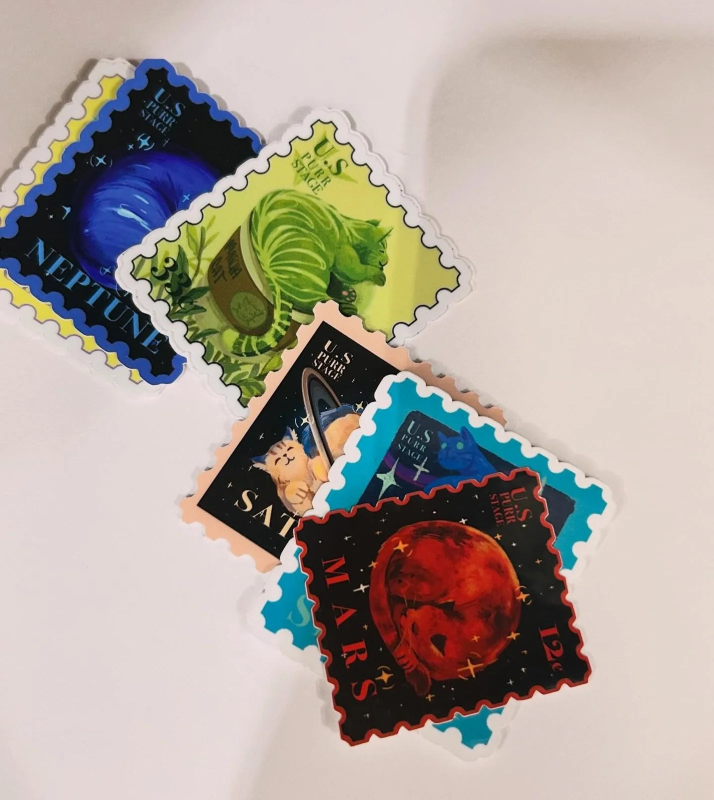 Colorful illustrated postage-stamp-style stickers