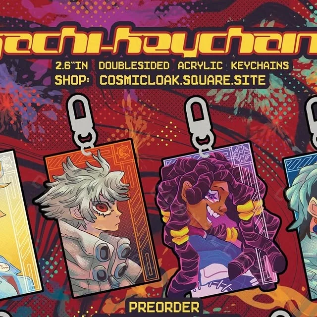 Cosmicloak illustrated acrylic character keychains