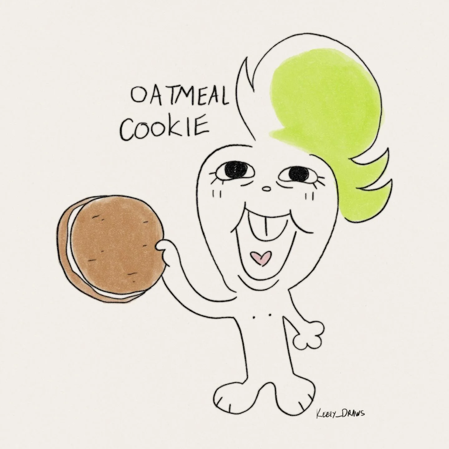 Cartoon character holding an oatmeal cookie by Keely Draws